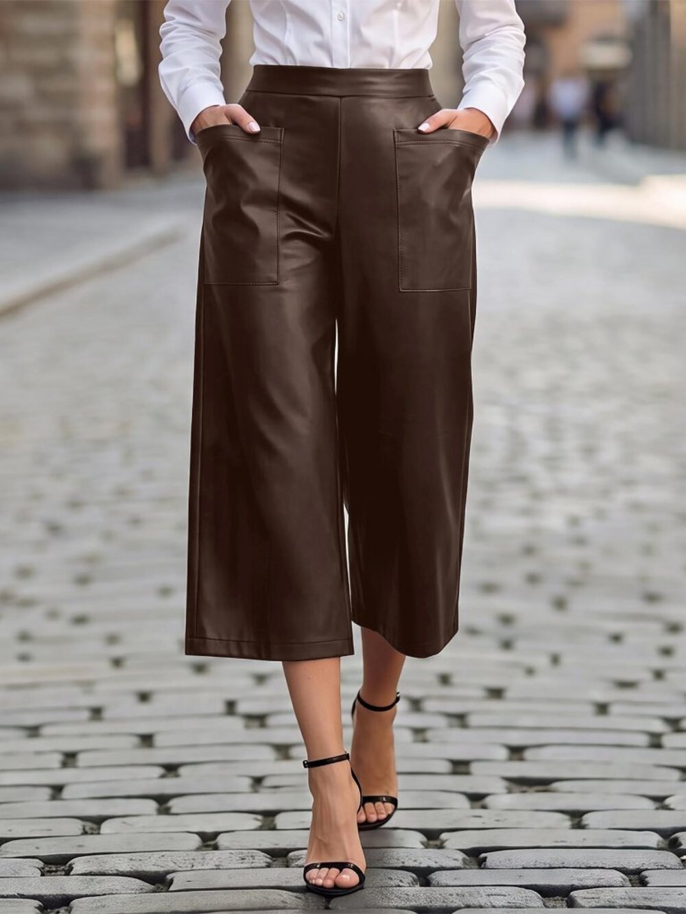 Brown Elegant Women's High Waist Pocket Casual Pants